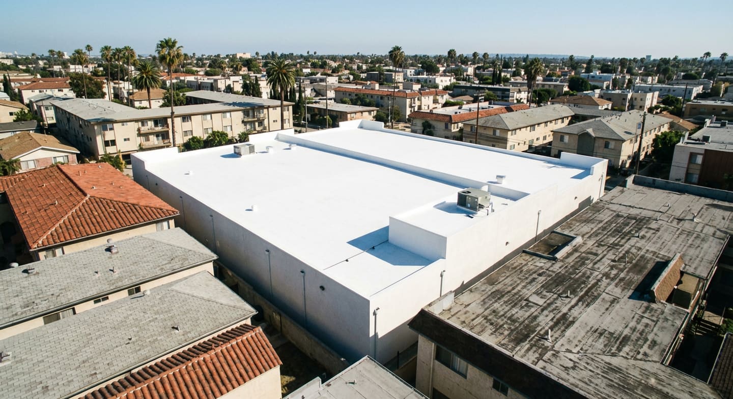 Reflective cool-roof TPO membrane installed in Los Angeles