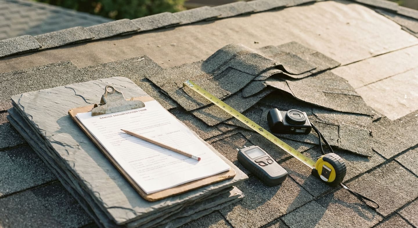 Roof damage documentation photography for an insurance claim