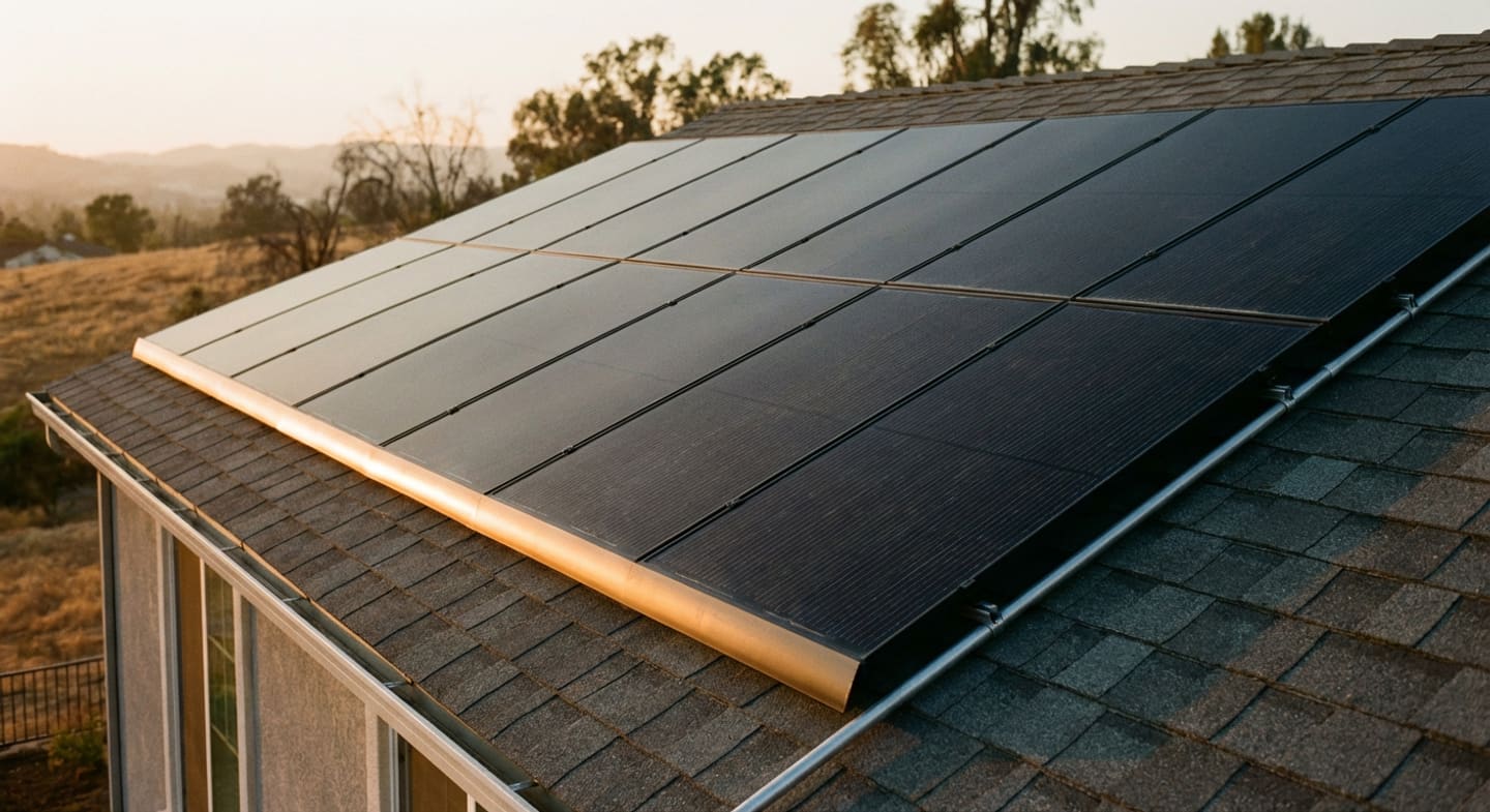 Solar panel array on a recently re-roofed Los Angeles home