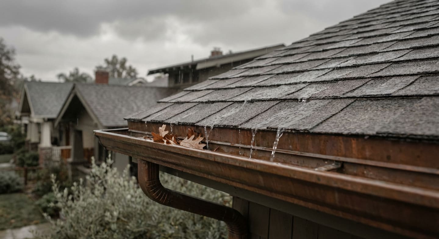 LA roof with storm-prep debris clearing underway