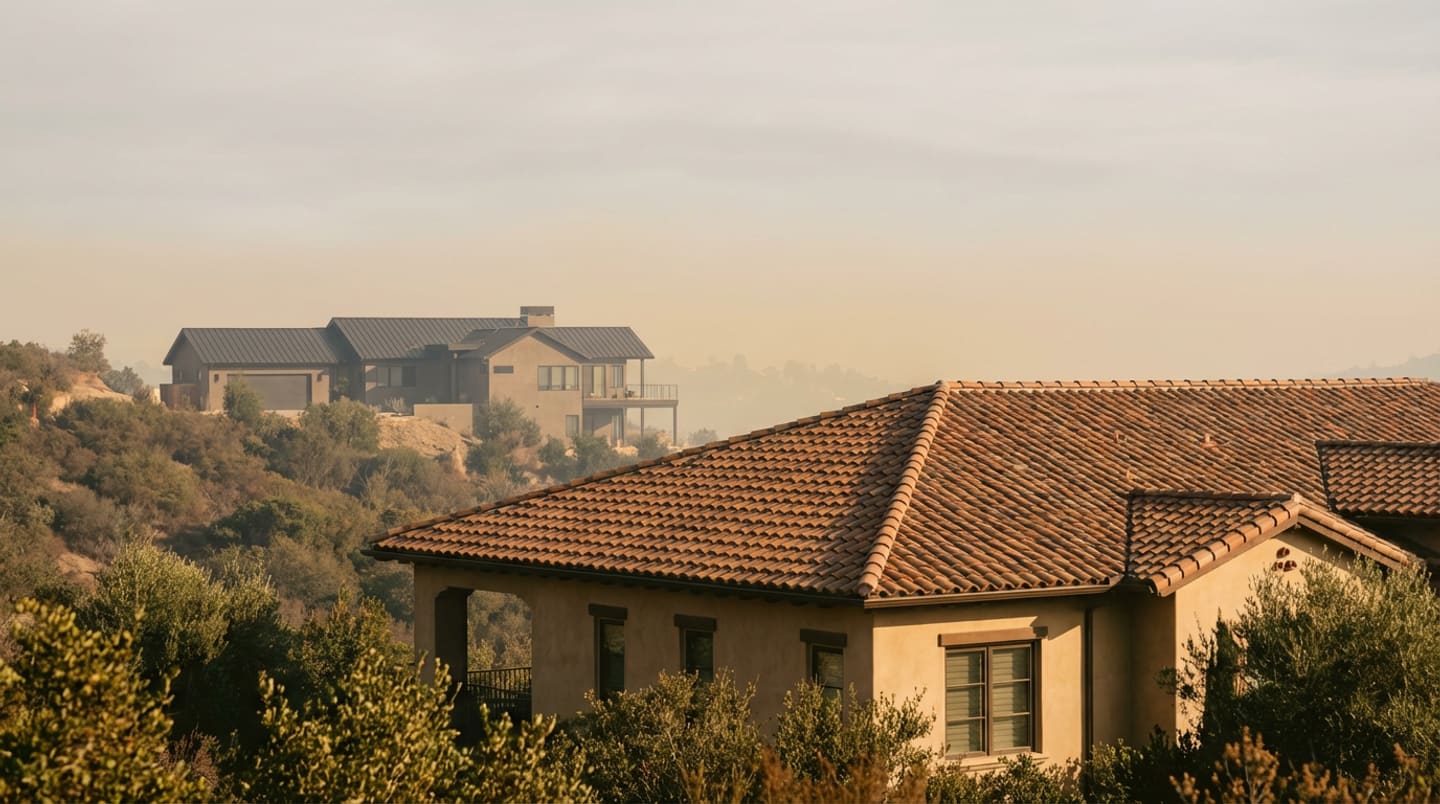 Side-by-side comparison of clay tile and standing-seam metal roofing