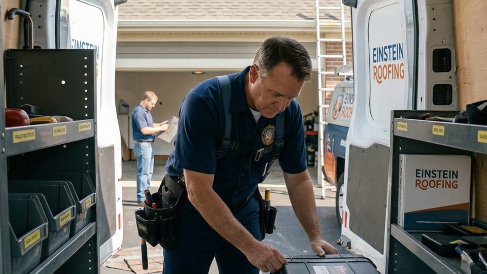Einstein Roofing inspector checking thermal imaging equipment