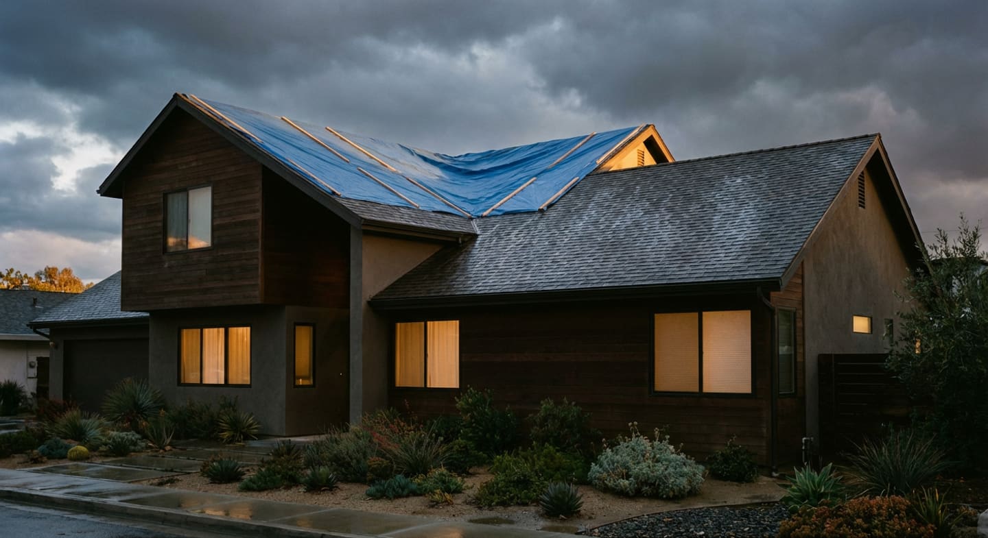 Einstein Roofing emergency tarp crew on a storm-damaged roof