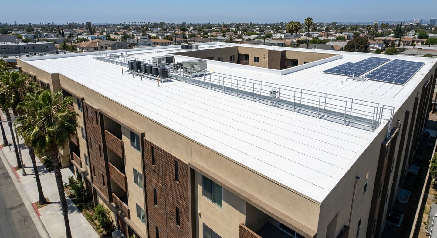TPO flat roof system installed on a Los Angeles commercial building