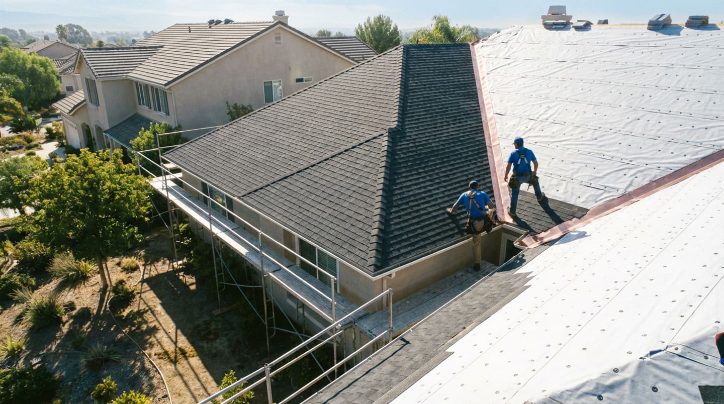 New roof installation in progress on a Los Angeles home