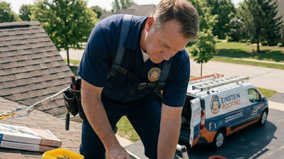 Einstein Roofing technician performing a roof repair in Los Angeles